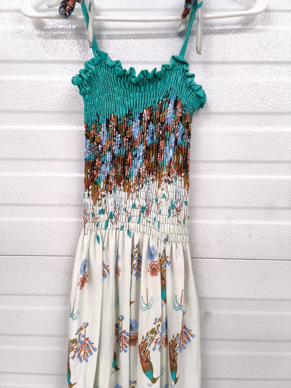 Boho Smocked Maxi Dress – Teal & Ivory Peacock Paisley Print - Picture 4 of 6